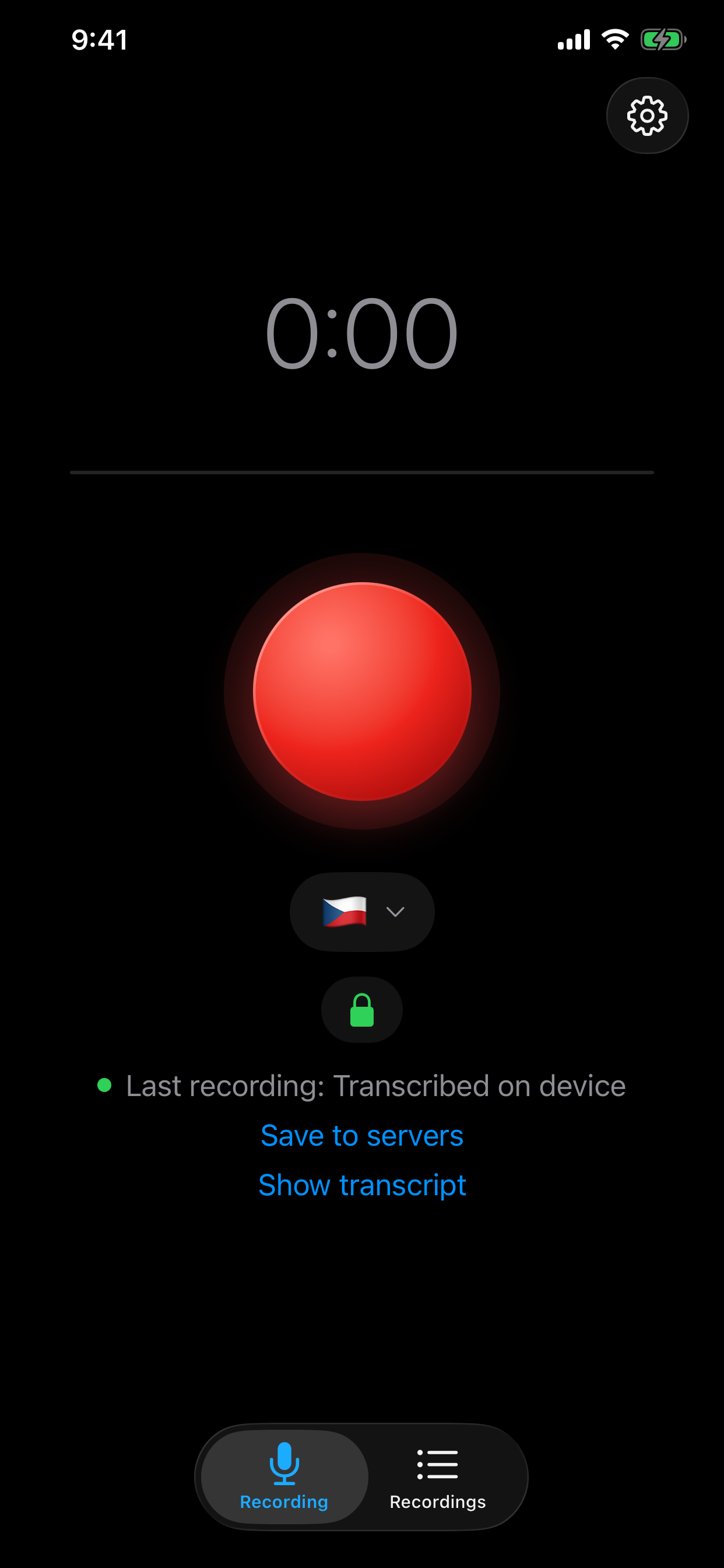 Recording screen — a large red button, tap to record, hold for a quick note