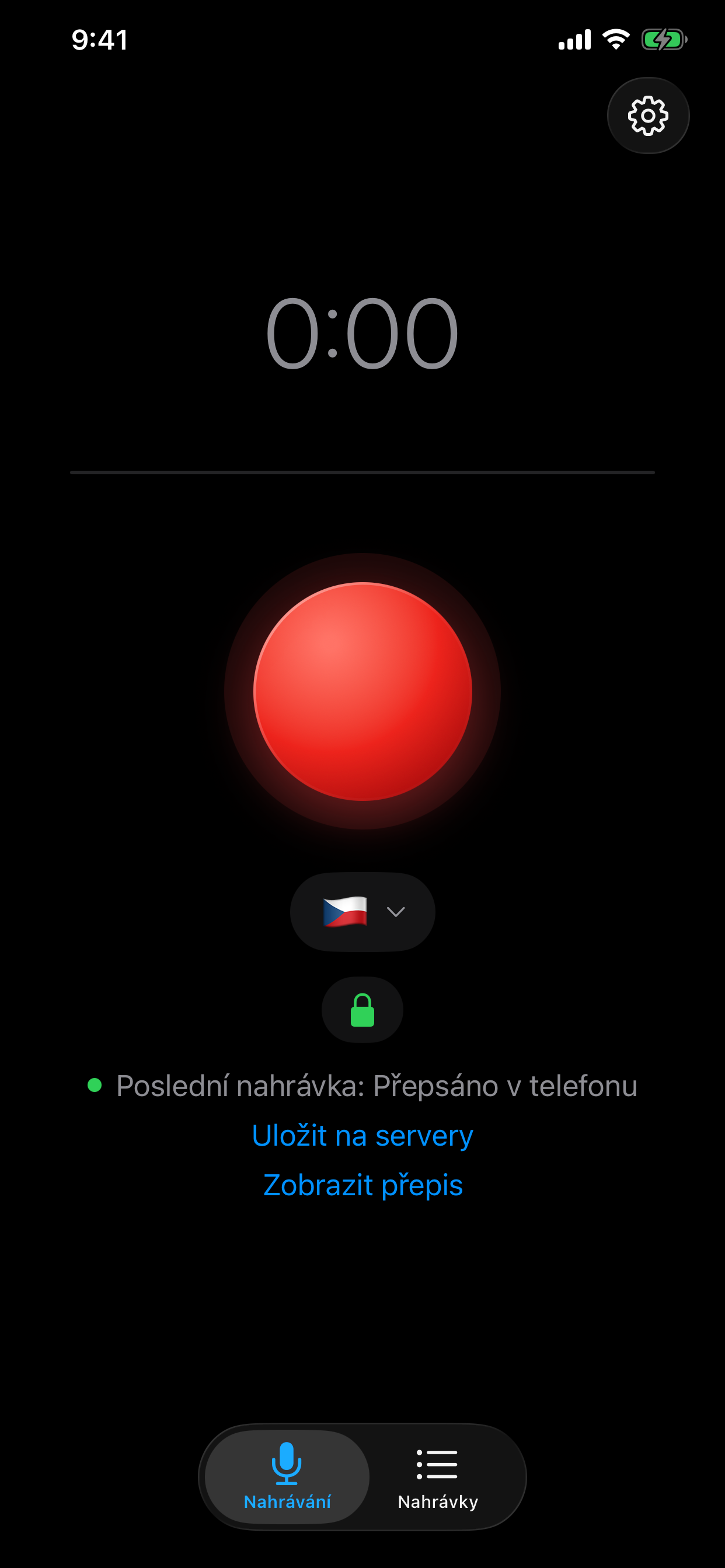 Obrazovka Nahrávání — velké červené tlačítko, klepni pro nahrávání, podrž pro rychlou poznámku