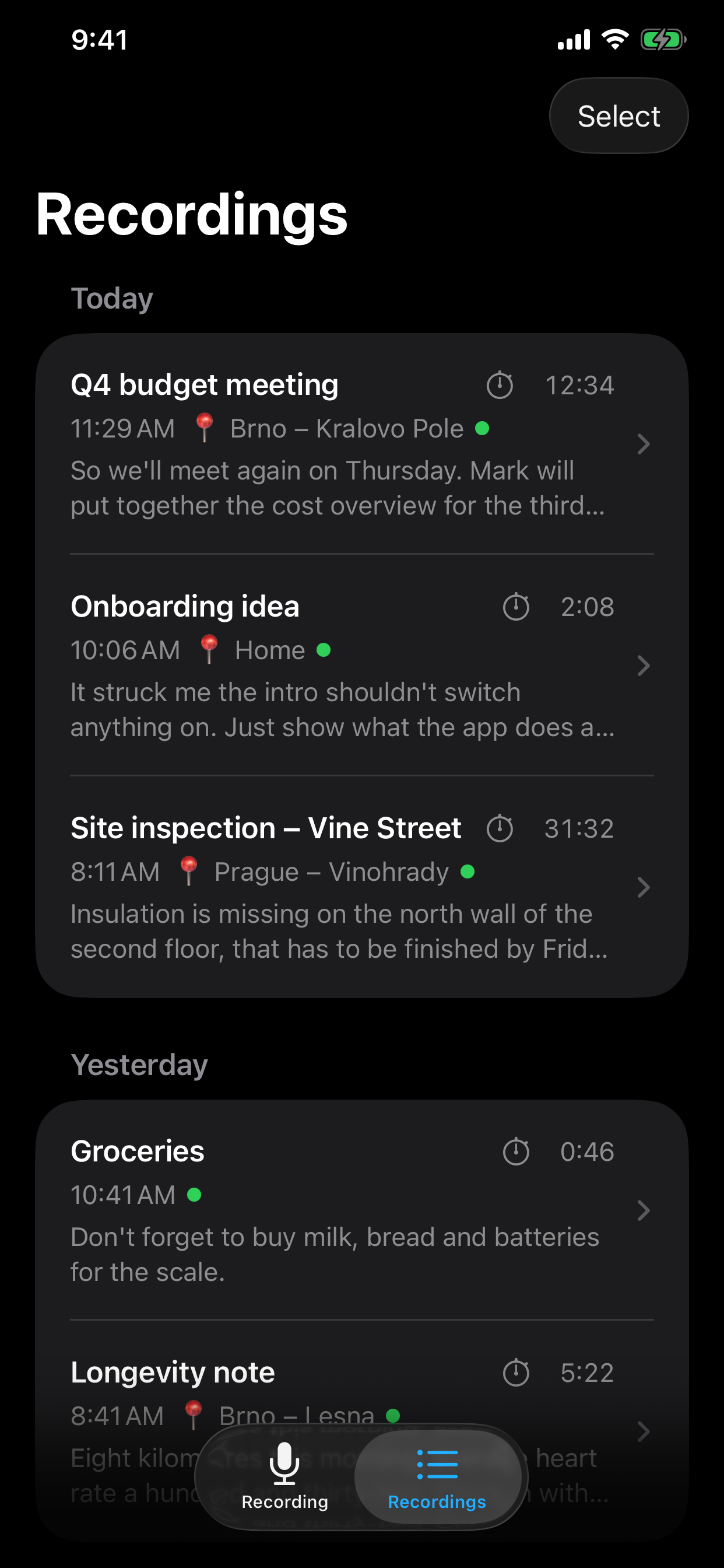 Recordings grouped by day — title, time, place, length and the start of the transcript