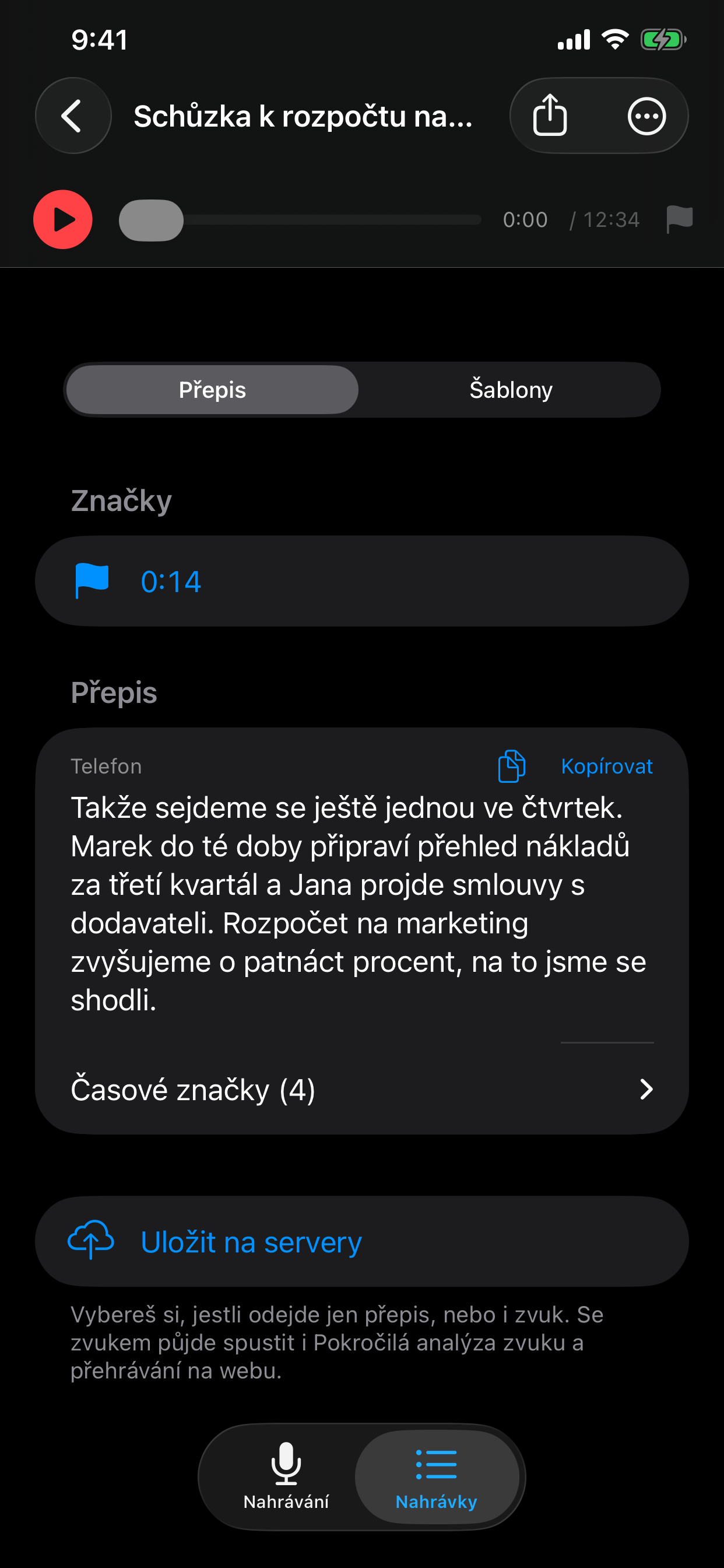 Detail nahrávky — plovoucí přehrávač, přepínač Přepis / Šablony, značky a přepis