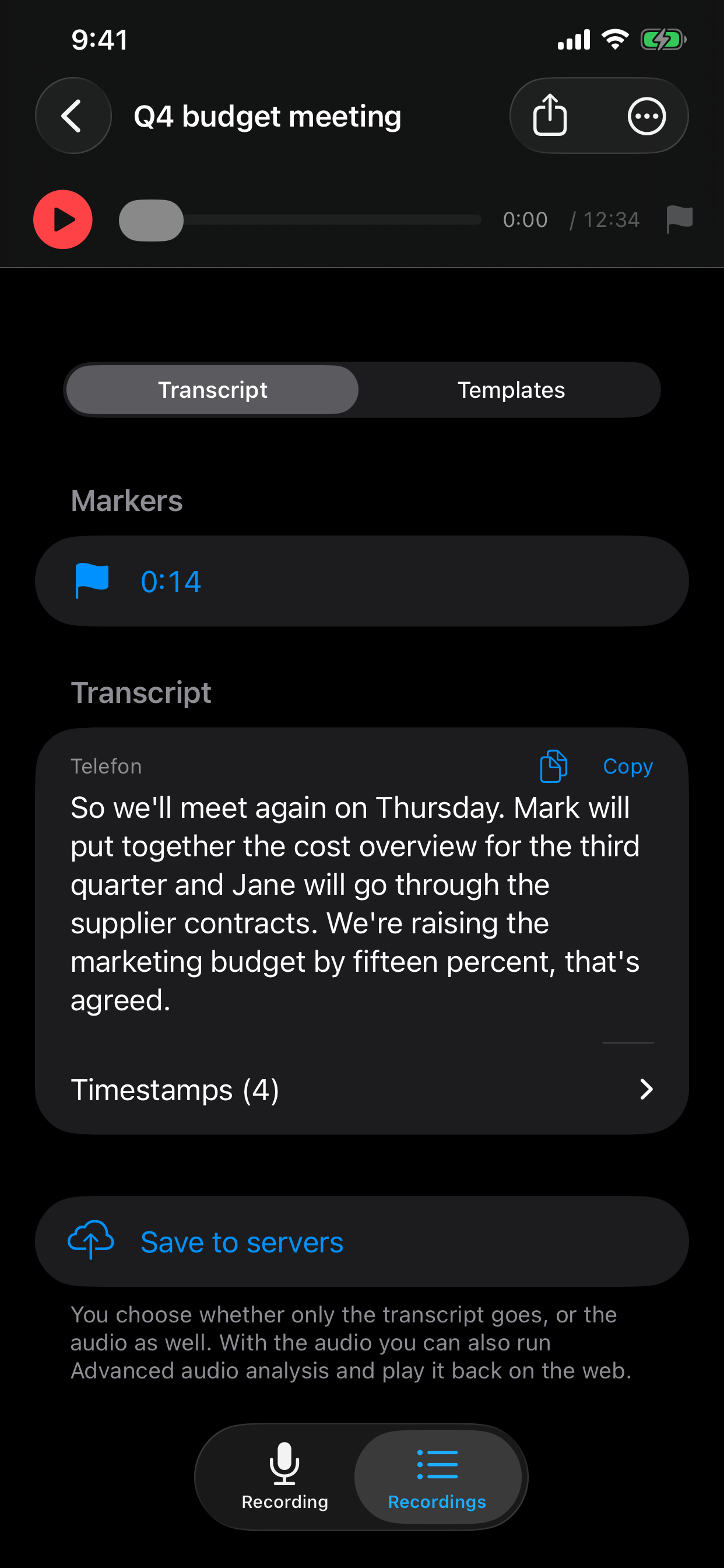 Recording detail — floating player, Transcript / Templates switch, markers and the transcript