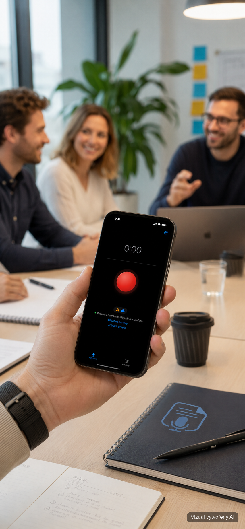 Ilustrační vizuál vytvořený AI — Voice Capture při nahrávání hlasové poznámky